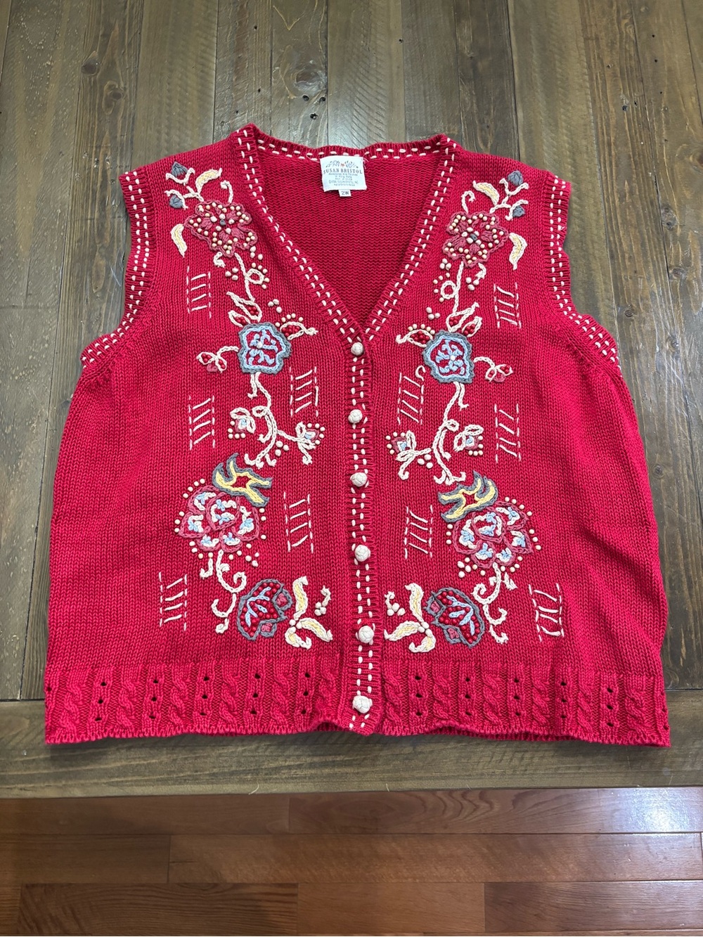 Susan Bristol Vintage 1994 Red V-Neck Hand-Embroidered Floral Sweater Vest